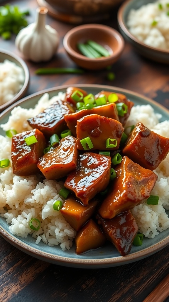 Pork adobo served with rice and garnished with green onions, on a rustic table.
